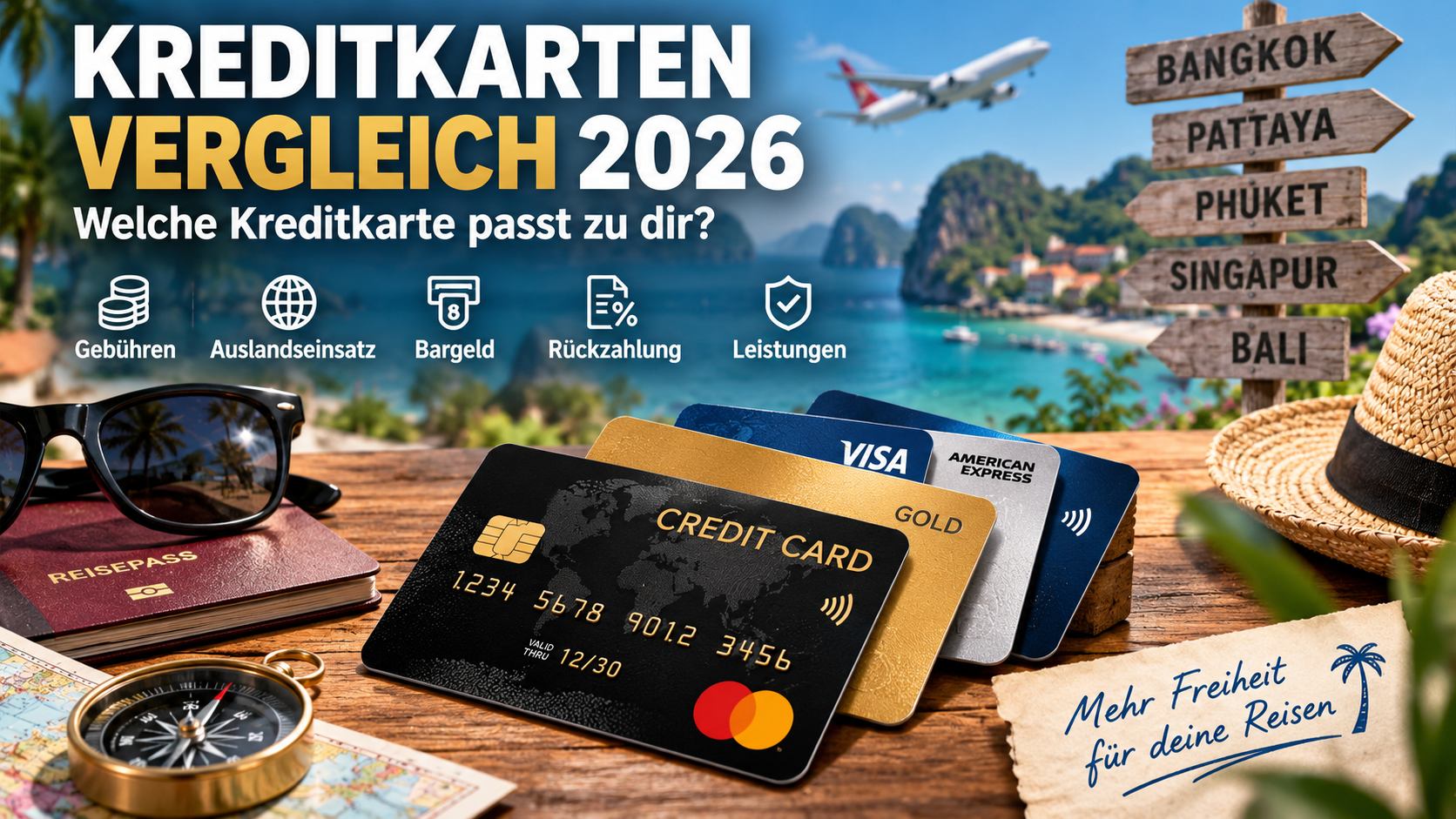 Kreditkarten Vergleich 2026 mit Visa, Mastercard und American Express vor tropischer Reisekulisse