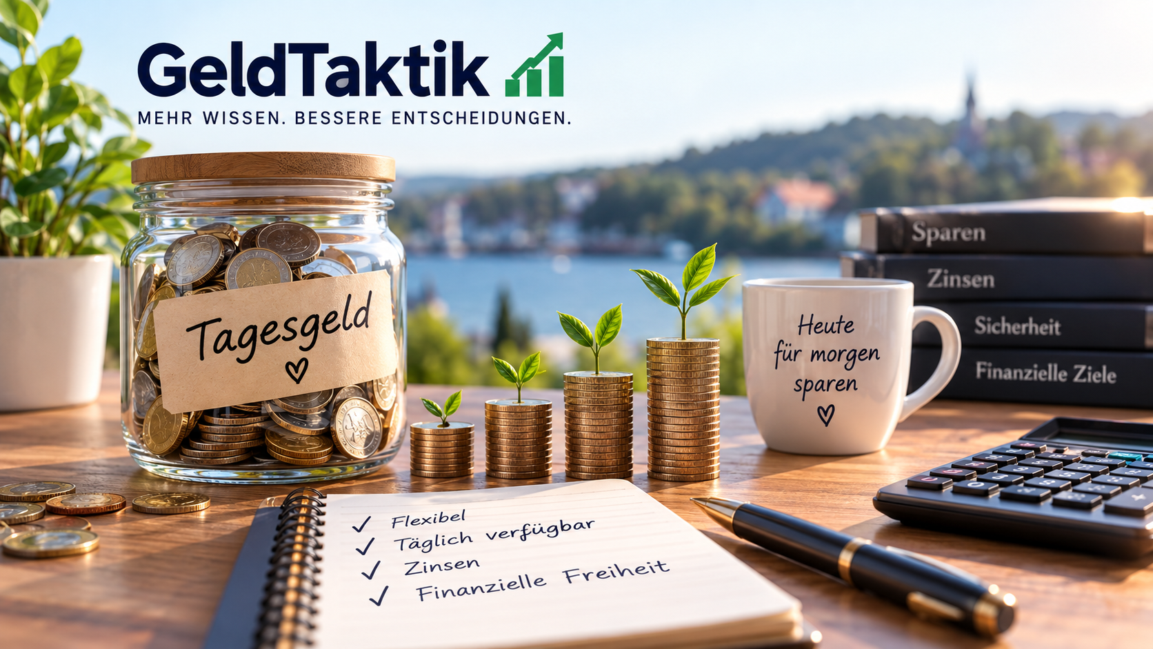 Tagesgeld mit Sparglas, Münzstapeln und GeldTaktik-Logo als Symbol für Zinsen und flexible Rücklagen